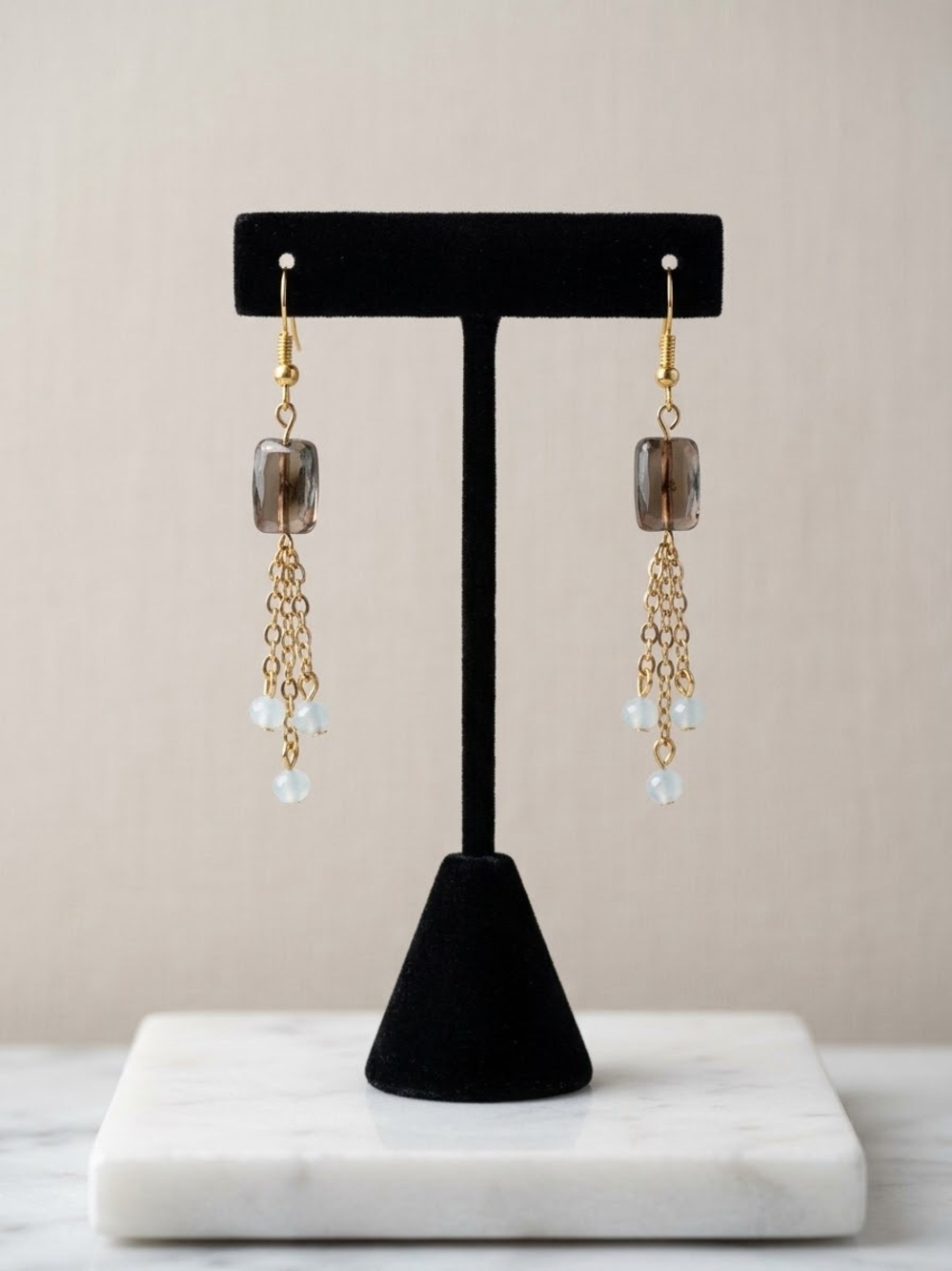 Gold Tassel Drop Earrings with Smoky Bead and Opalescent Drops